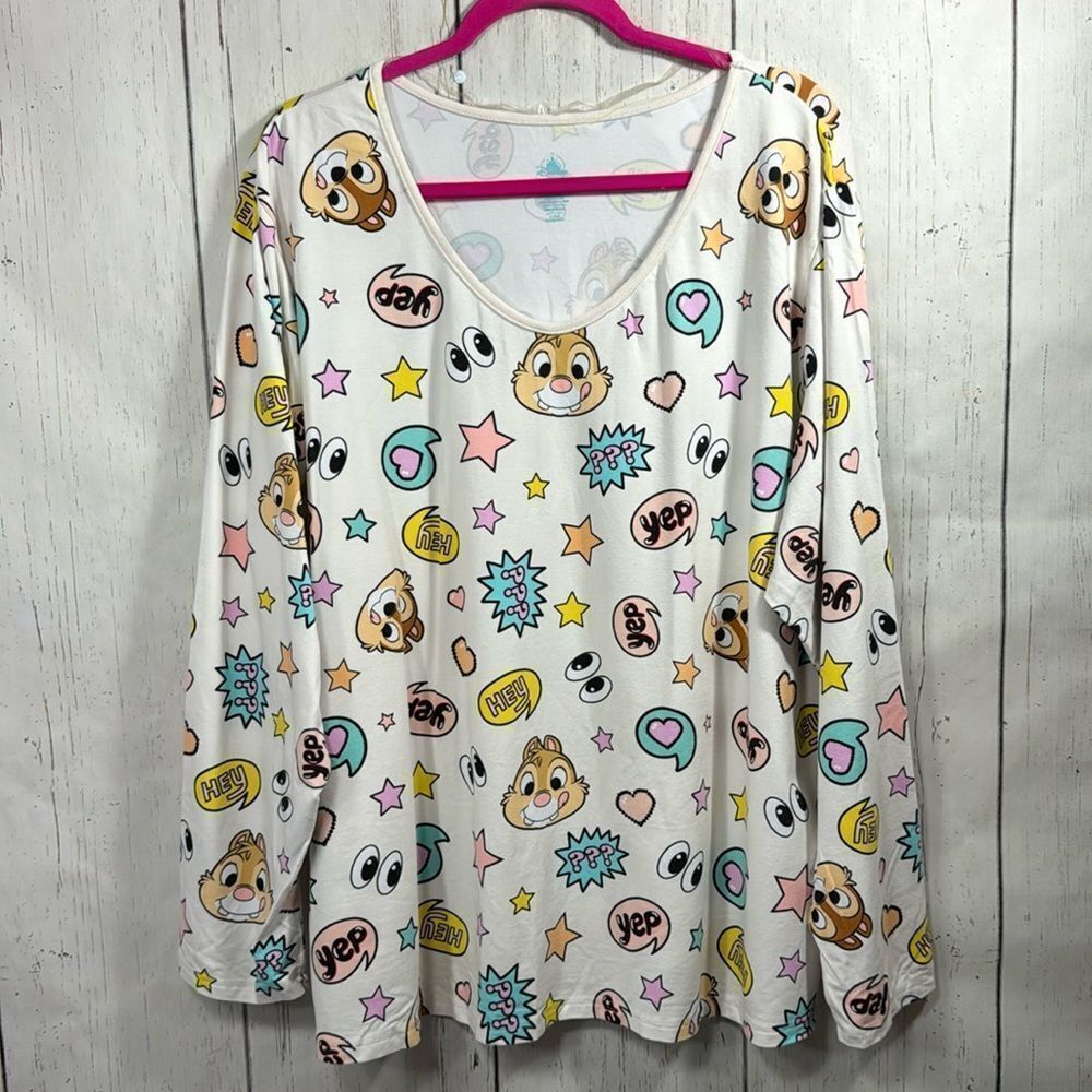 Disney Chip And Dale Graphic Organic Cotton Blend Long Sleeve Pastel Pajama Top
